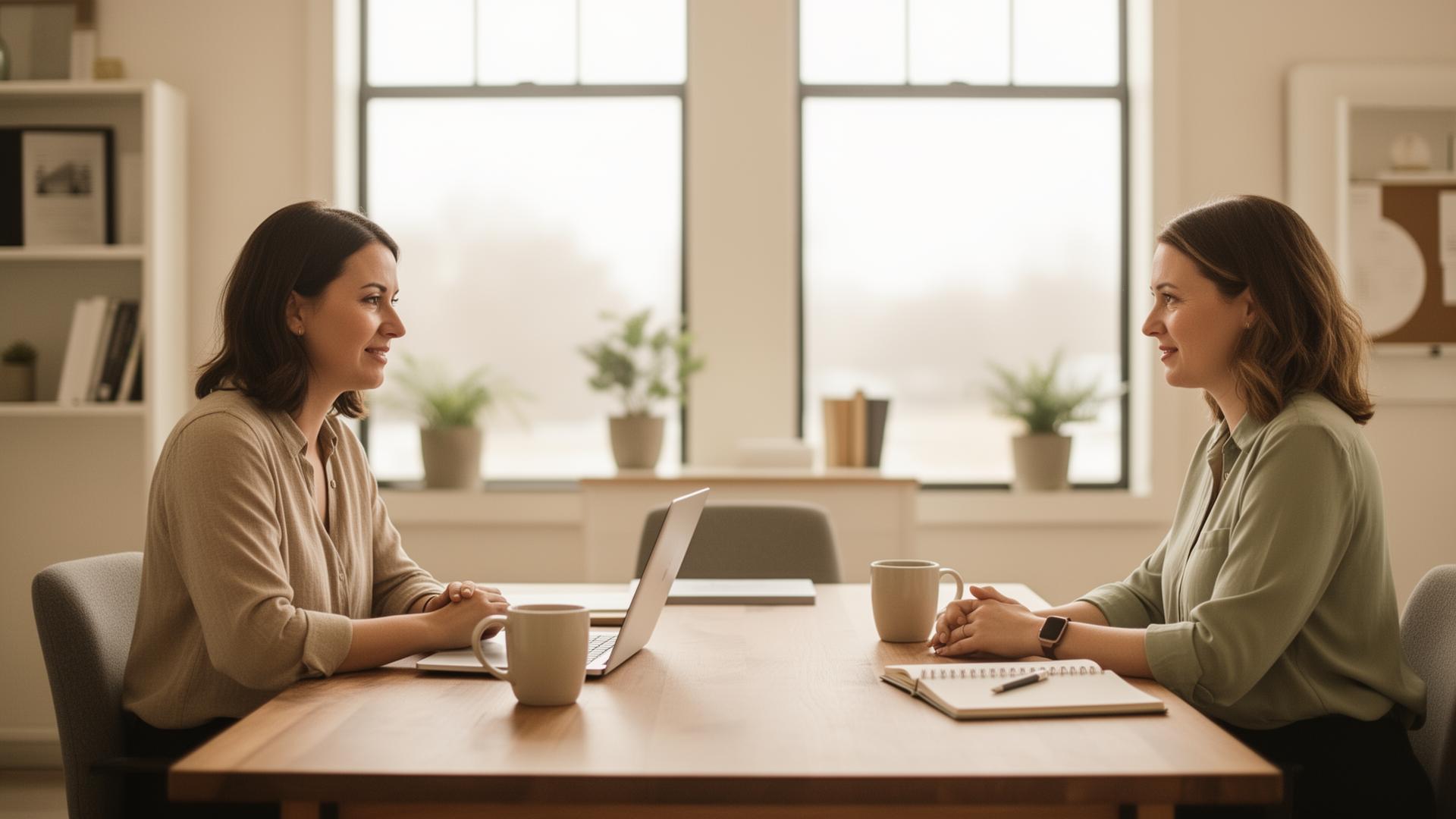 A calm, friendly conversation between a CPA and a client at a sunlit table