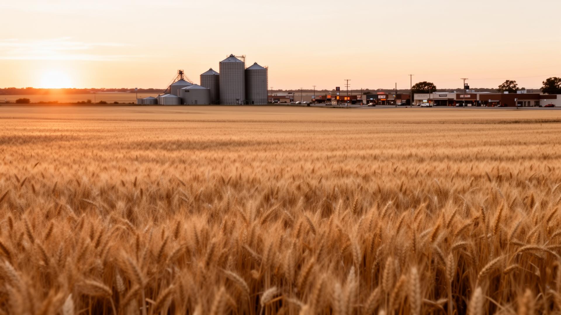 Nebraska wheat field at golden hour with small-town storefronts in the distance