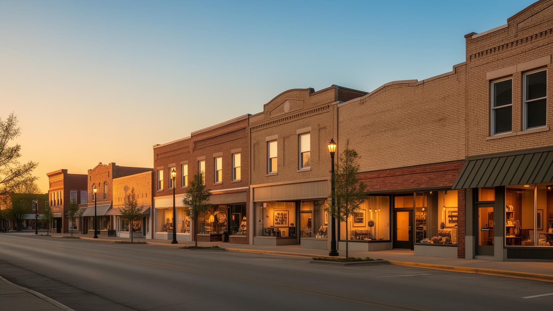 Warm Nebraska main street at golden hour — small brick storefronts
